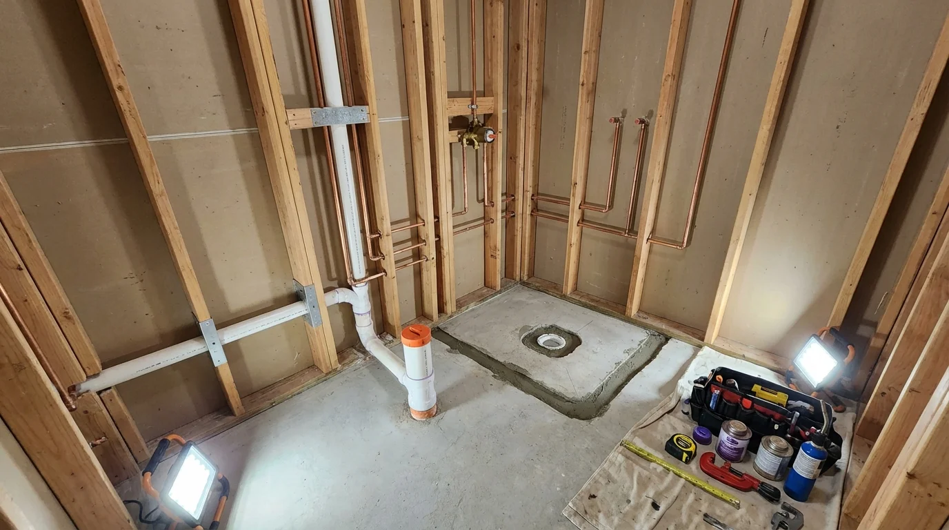 Bathroom rough-in plumbing during remodel by Johns Plumbing LLC in Orange City