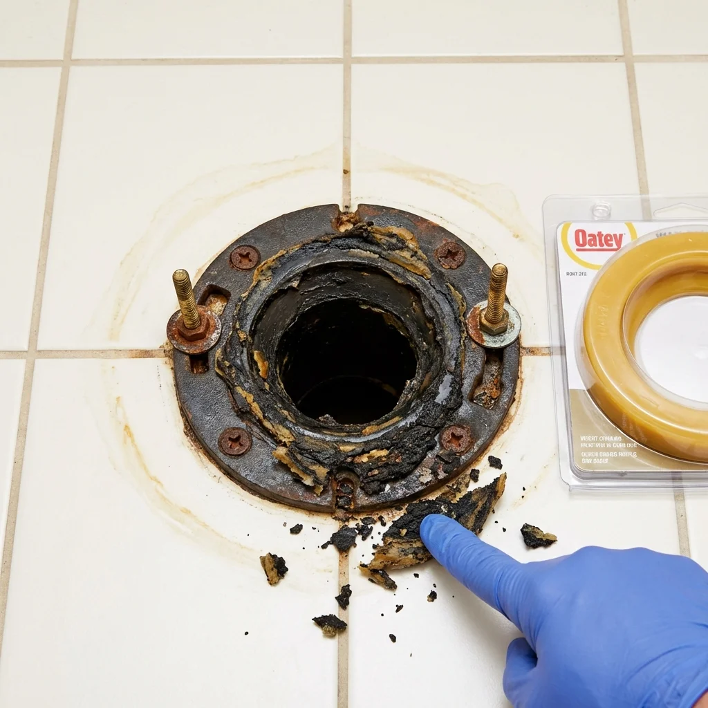 Failed wax ring showing water seepage at the base of a toilet in a Orange City, FL home