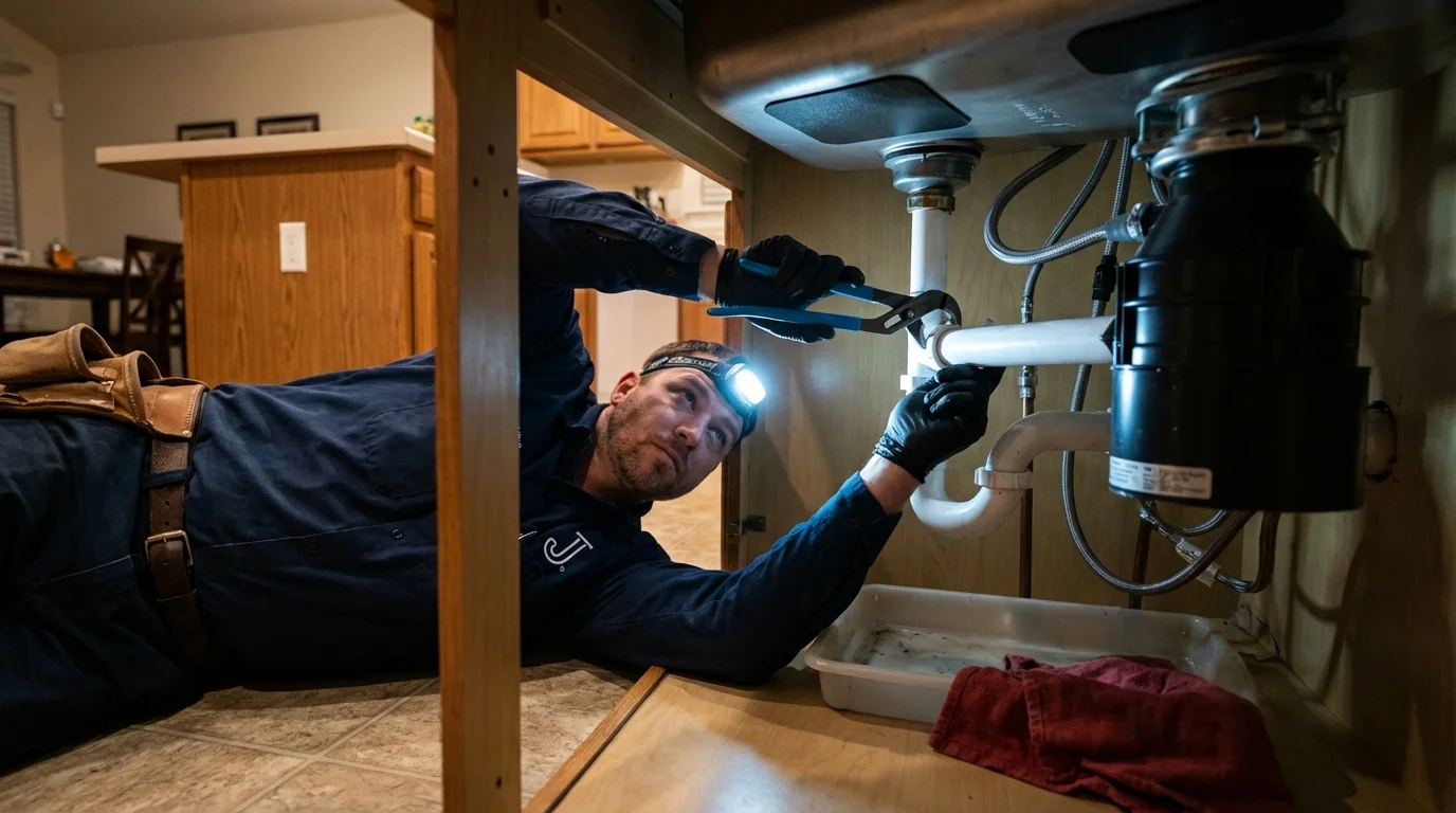 P-trap and supply line connections under a kitchen sink showing a common leak point in Orange City, FL